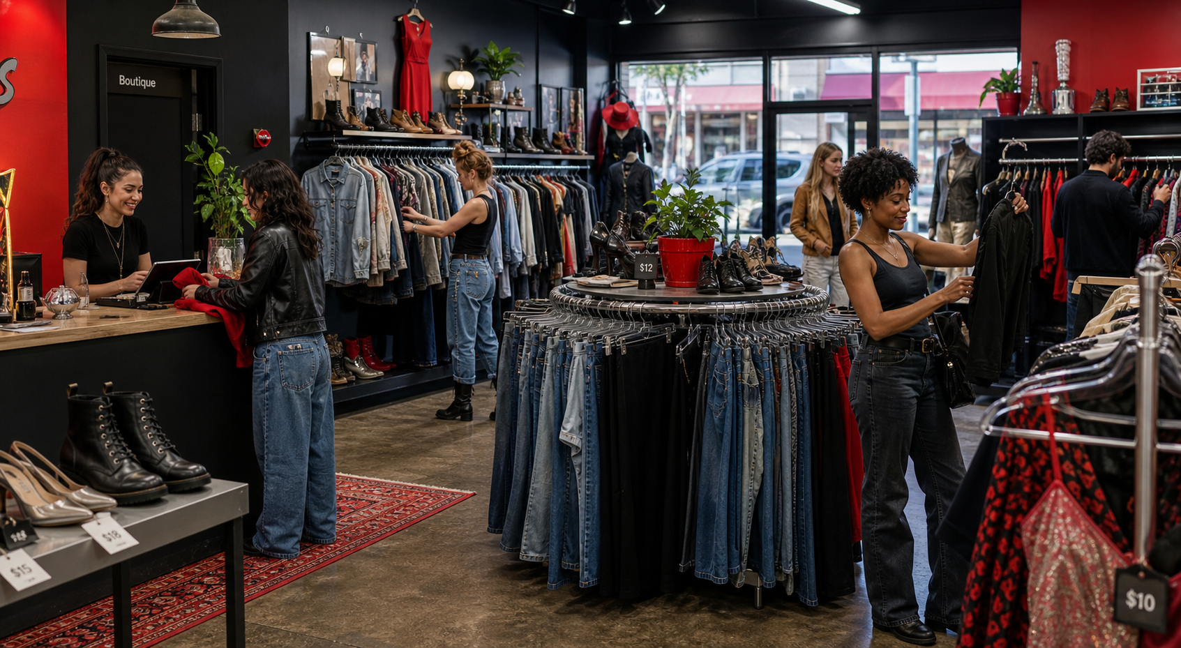 Inside a red, black, and silver used clothing boutique